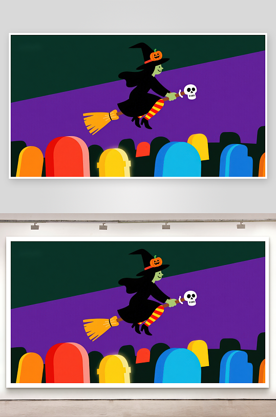 万圣节女巫骑扫帚飞过墓地-众图网