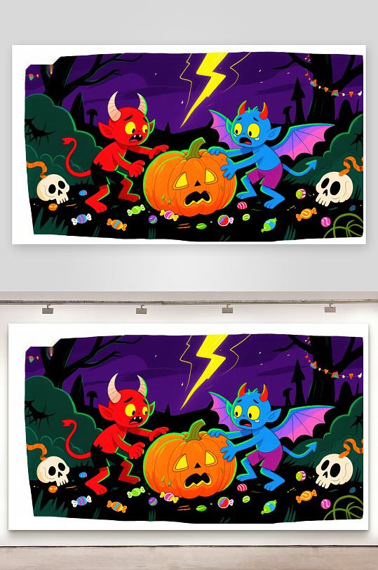 万圣节小恶魔与南瓜灯的欢乐夜-众图网