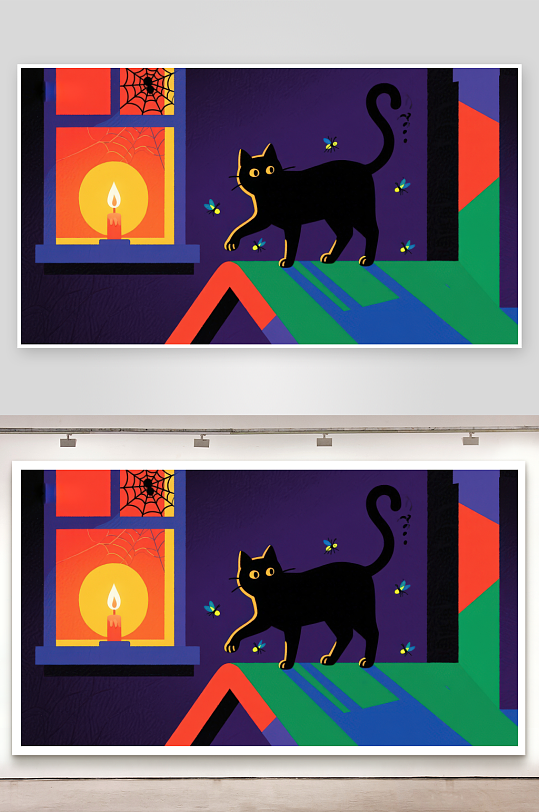 夜幕下的黑猫与萤火虫-众图网