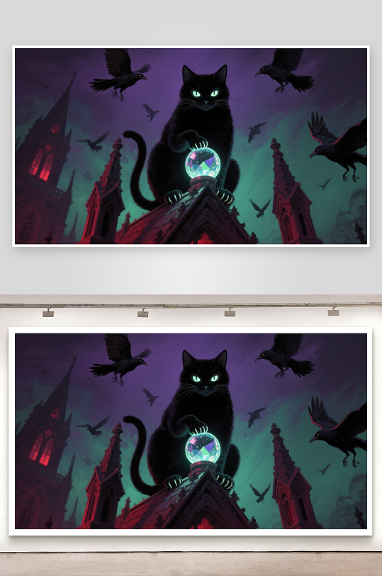 黑猫夜空俯视水晶球-众图网