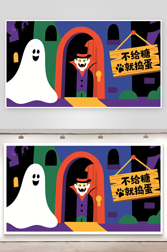 万圣节鬼屋门前的幽灵与怪人-众图网