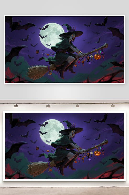 万圣夜巫女骑扫帚飞越满月-众图网
