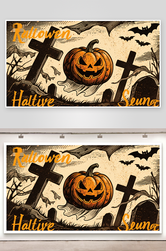 万圣节南瓜与墓地插画-众图网