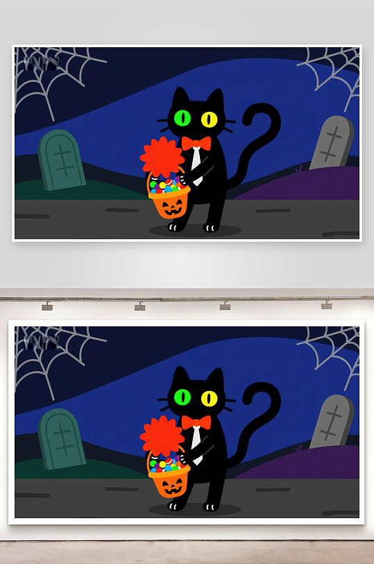 万圣节黑猫手提南瓜灯篮子-众图网