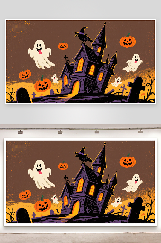 万圣节幽灵与南瓜环绕的古堡-众图网