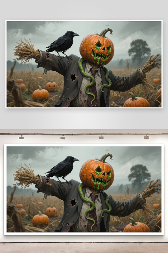 南瓜头稻草人与乌鸦的诡异场景-众图网