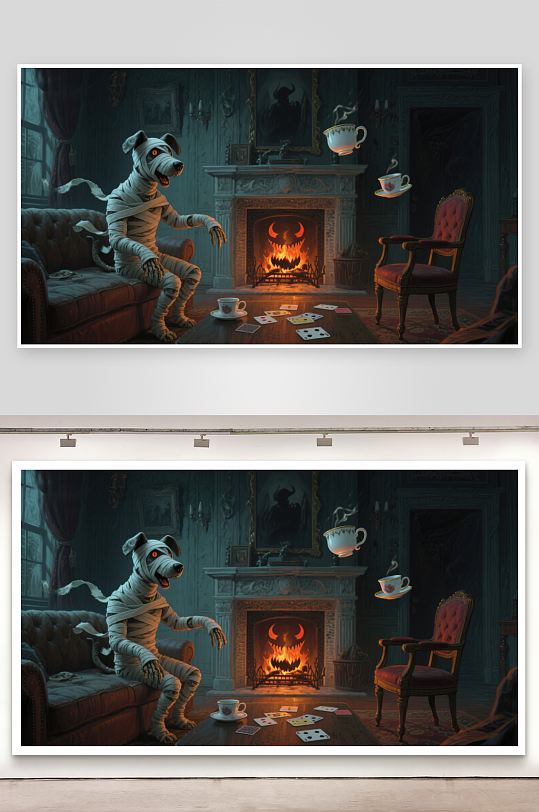 木乃伊狗在客厅玩牌-众图网