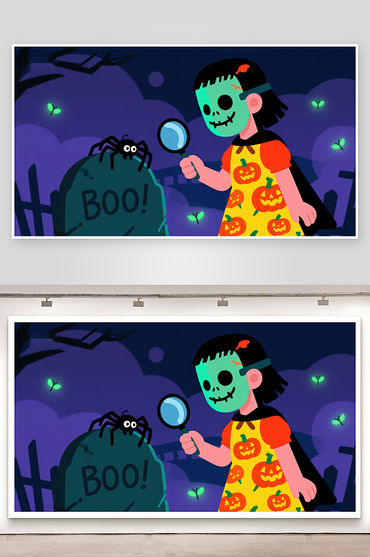 万圣节夜探墓碑的小女孩-众图网