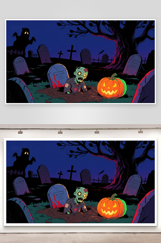 万圣节墓地僵尸与南瓜灯-众图网