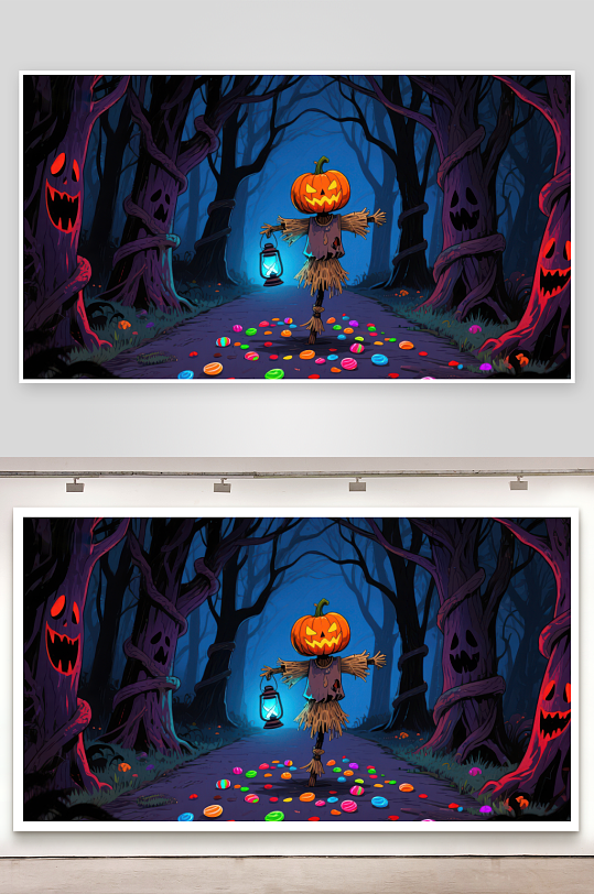 南瓜灯稻草人漫步糖果森林-众图网