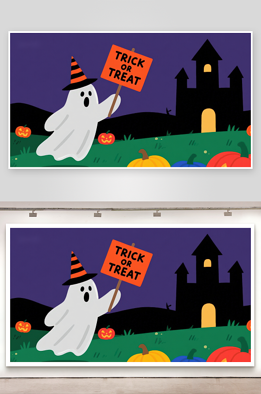 万圣节幽灵手持不给糖就捣蛋牌子-众图网