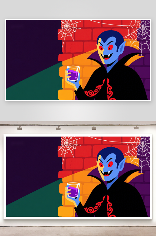吸血鬼手持酒杯背景为砖墙与蜘蛛网-众图网