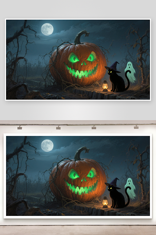 万圣夜南瓜灯与黑猫幽灵-众图网