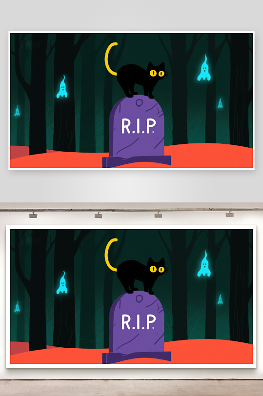 黑猫墓碑幽灵森林夜景-众图网