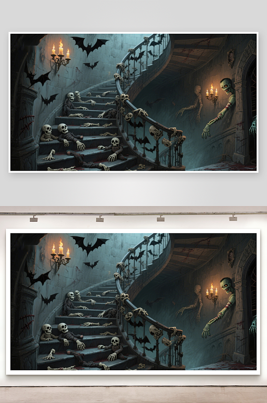 幽暗古堡楼梯上的骷髅与蝙蝠-众图网