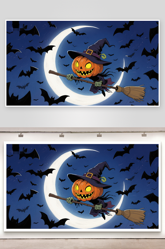 万圣节南瓜巫师骑扫帚-众图网