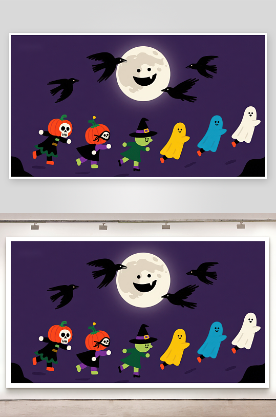 万圣节夜景角色与月亮共舞-众图网