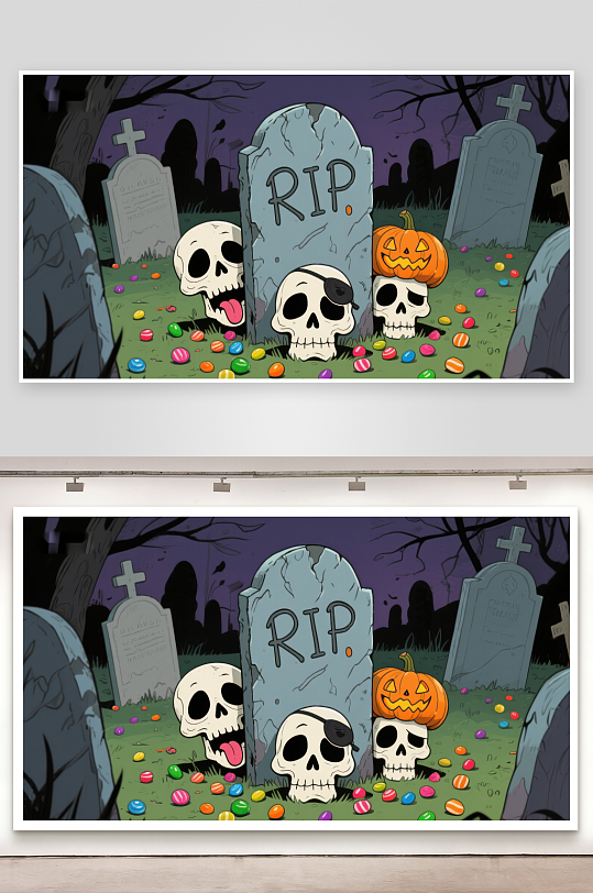墓地万圣节场景糖果与骷髅-众图网