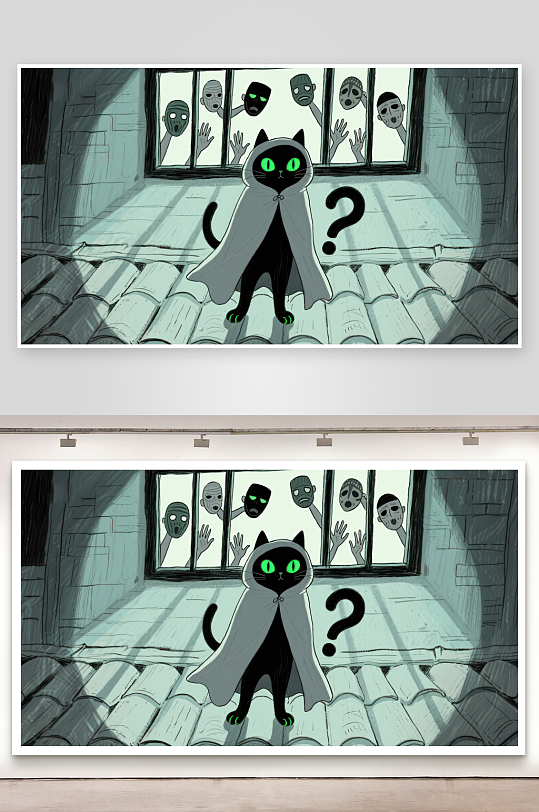 黑猫斗篷屋顶窗外面具人群-众图网