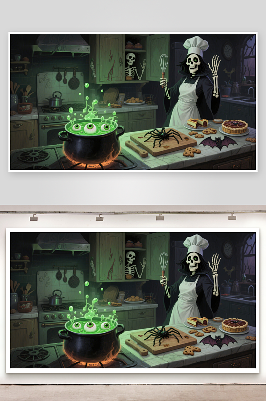 骷髅厨师在厨房制作魔法料理-众图网