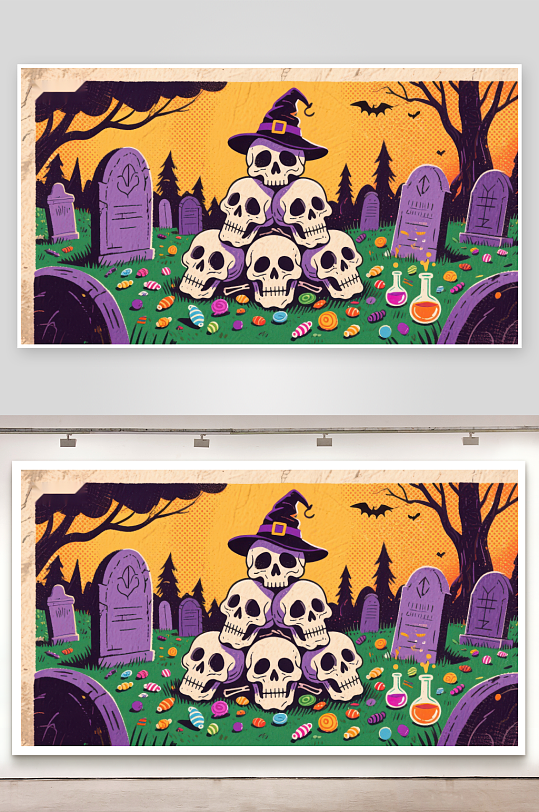 万圣节骷髅堆与墓地夜景-众图网