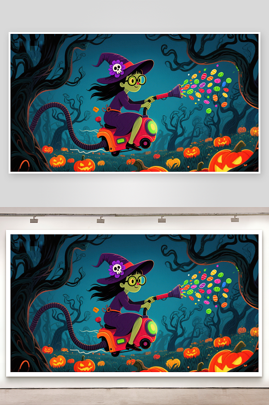 万圣节女巫骑车喷洒糖果-众图网