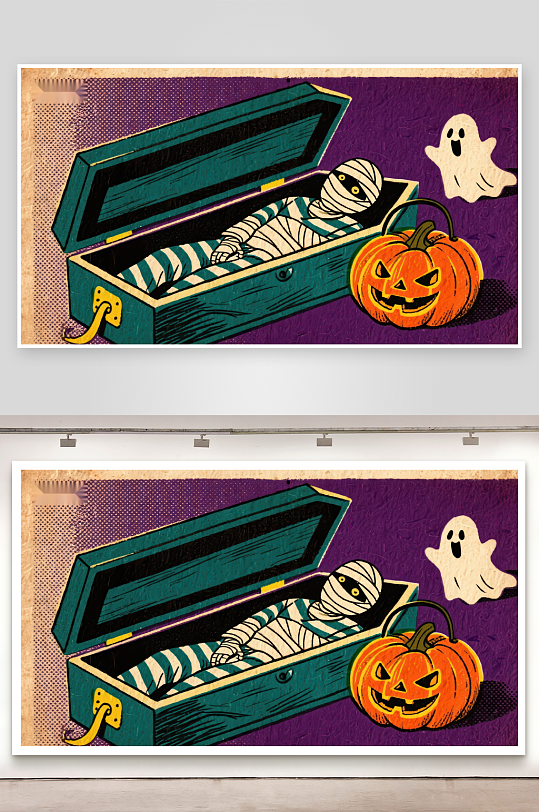 万圣节棺材中的木乃伊与南瓜幽灵-众图网