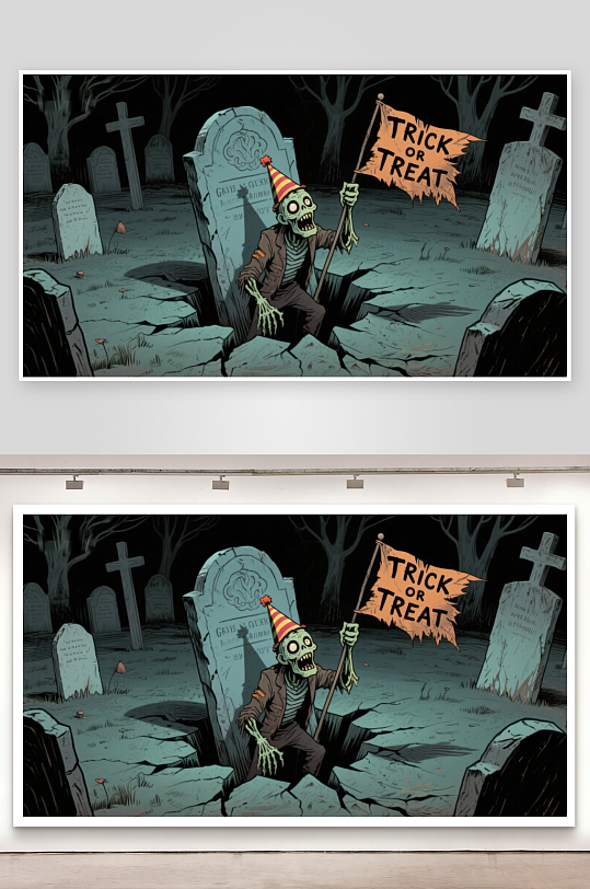 墓地僵尸手持旗帜庆祝万圣节-众图网