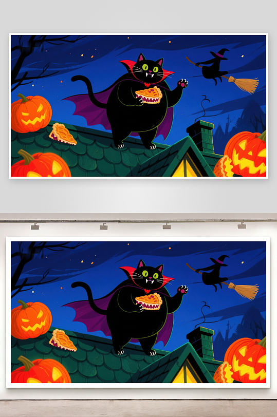 万圣夜屋顶上的黑猫与南瓜灯-众图网