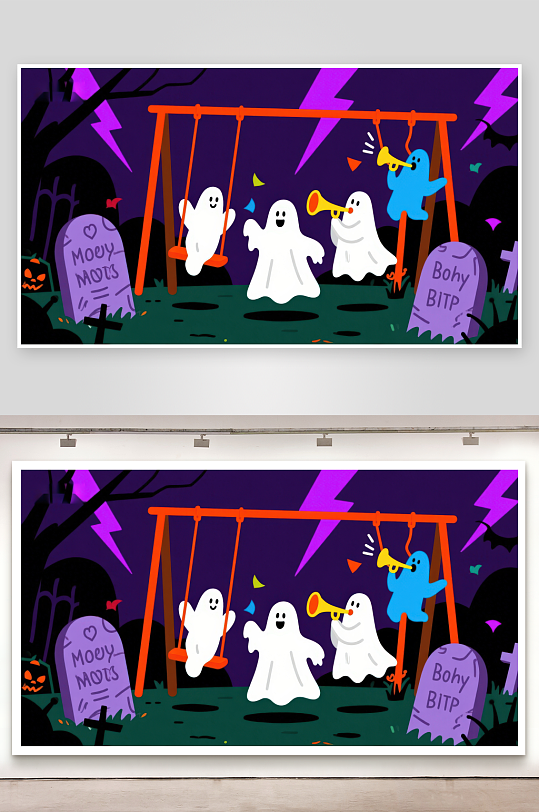 万圣节幽灵在墓地荡秋千-众图网