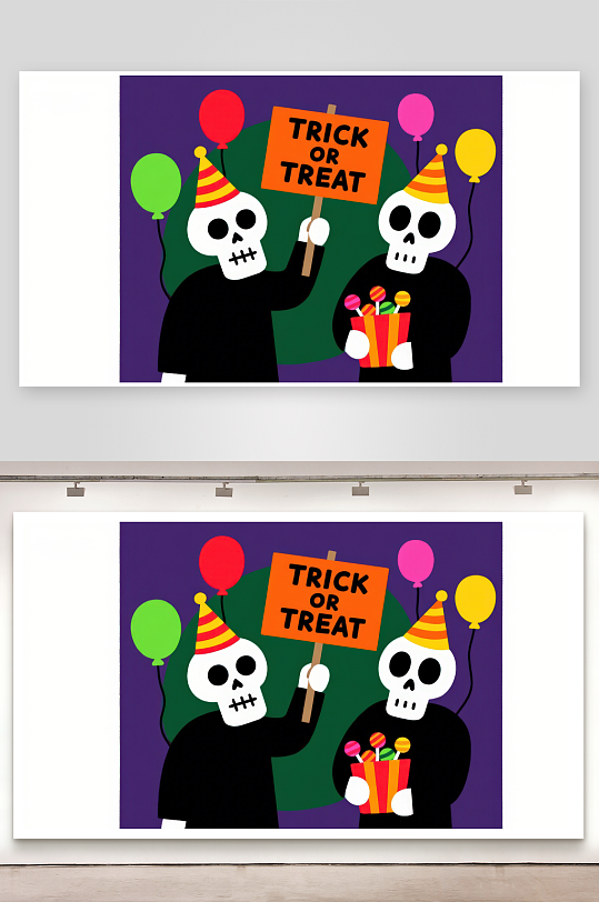 骷髅角色手持不给糖就捣蛋标语-众图网