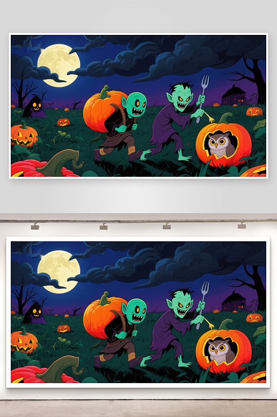 万圣夜精灵与南瓜灯-众图网