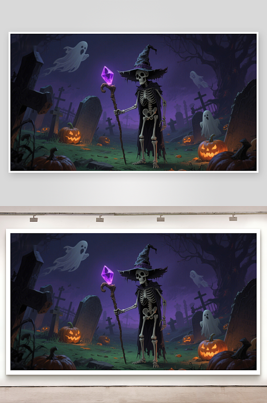 万圣夜骷髅巫师在墓地施法-众图网