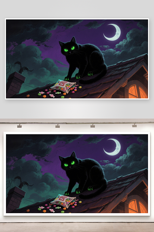 夜空下的黑猫与糖果-众图网