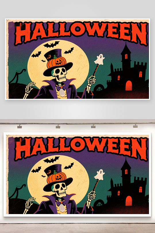 万圣节骷髅巫师与满月城堡-众图网