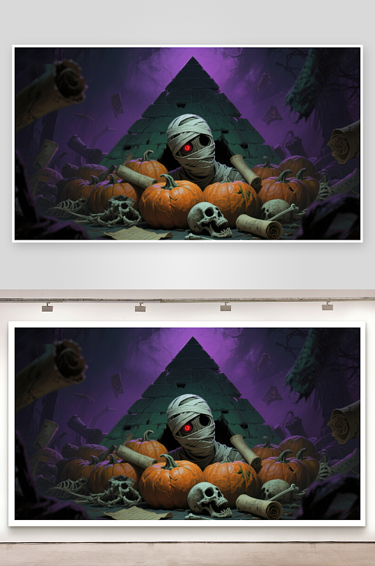 神秘木乃伊与南瓜的幽暗场景-众图网