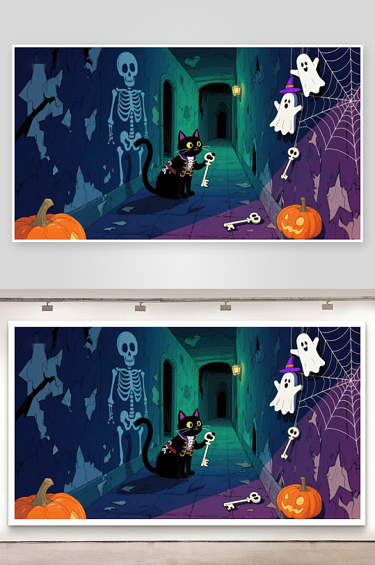 万圣节夜景黑猫探险神秘走廊-众图网