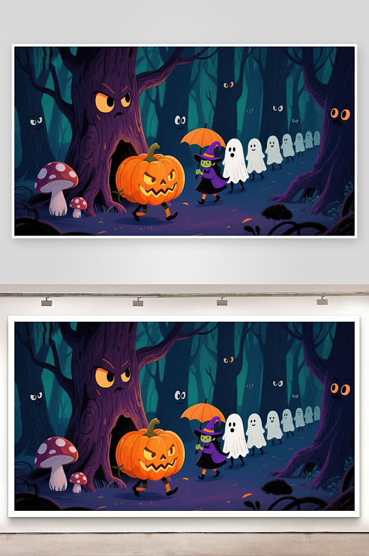 万圣节森林中的南瓜灯与幽灵-众图网