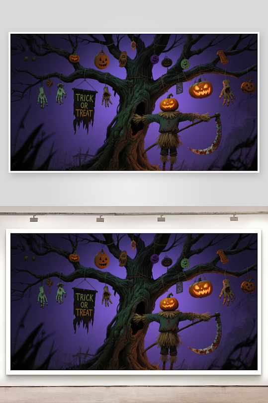 万圣节树下南瓜人手持镰刀-众图网