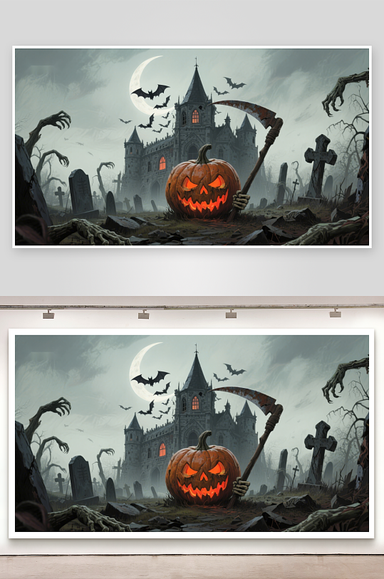 万圣节南瓜与墓地城堡-众图网