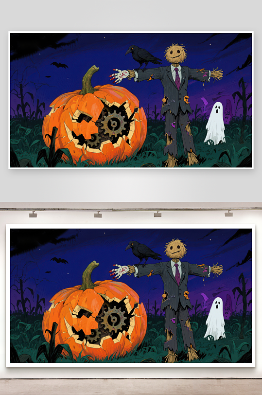 机械南瓜与稻草人夜景-众图网