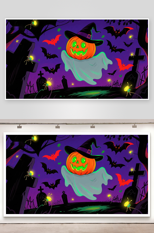 万圣节南瓜幽灵夜景-众图网