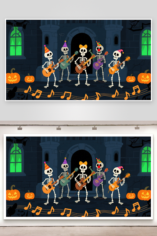 骷髅乐队在万圣节城堡前演奏-众图网