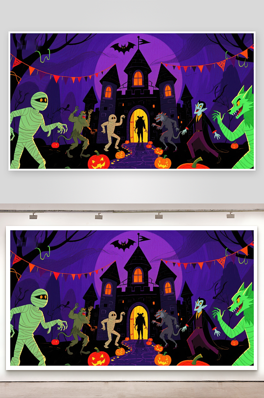 万圣节夜景怪物们在城堡前狂欢-众图网