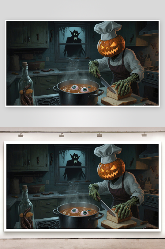 南瓜厨师在厨房烹饪神秘菜肴-众图网