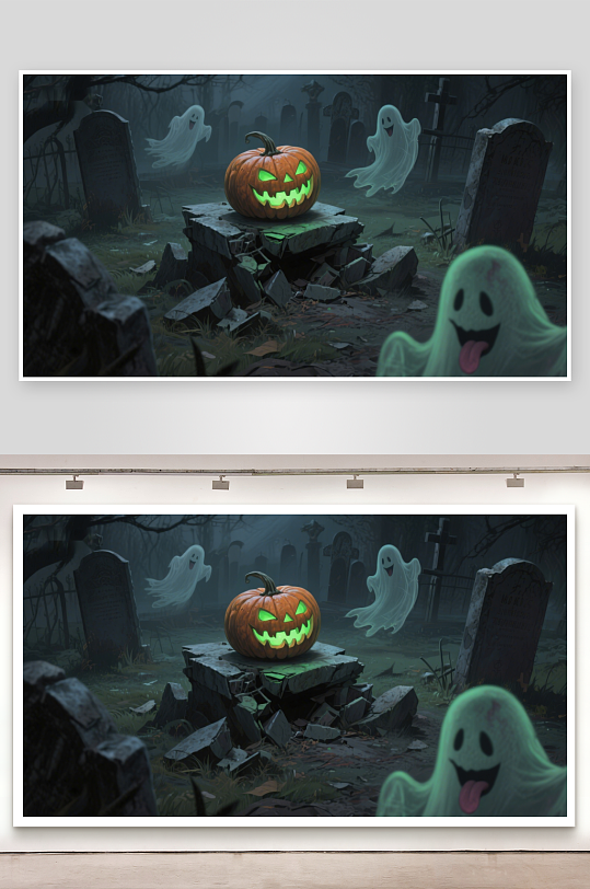 万圣节南瓜灯与幽灵在墓地-众图网
