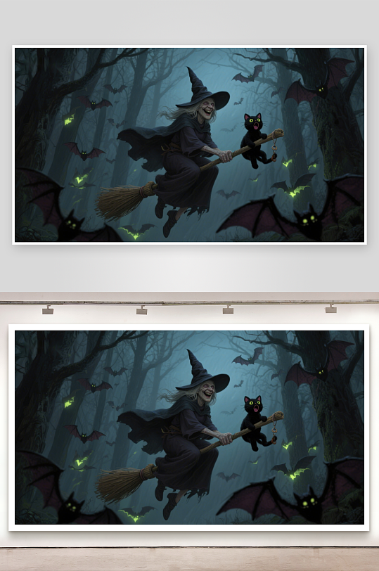 巫师夜行骑扫帚的女巫与黑猫-众图网