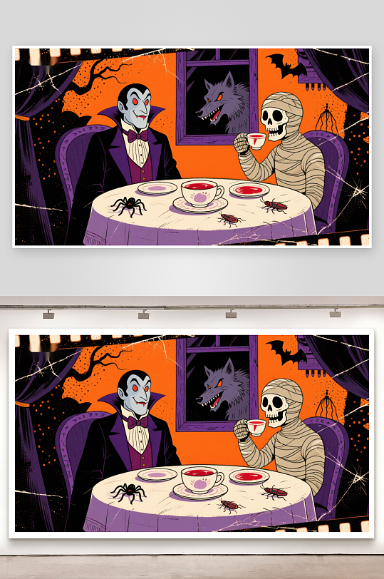 万圣夜茶会吸血鬼与木乃伊的对话-众图网