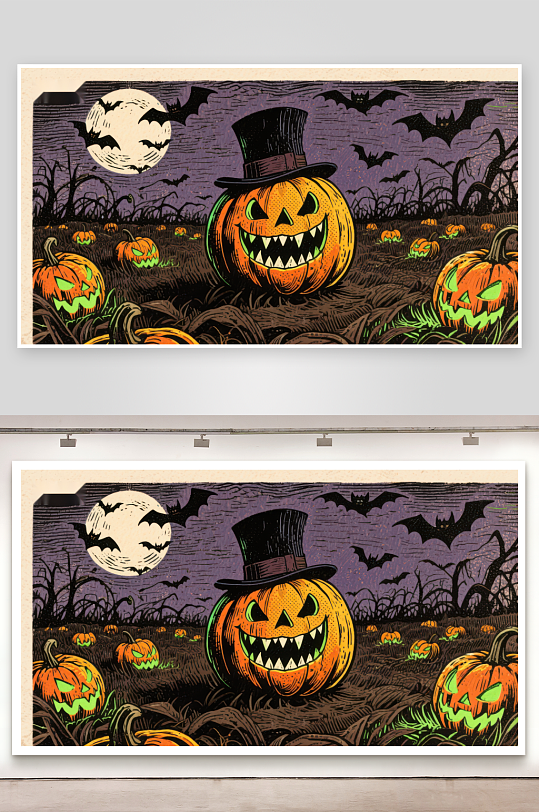 戴帽南瓜灯的万圣节夜景-众图网