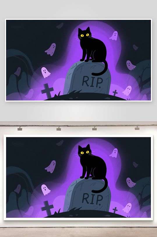 墓碑上的黑猫与幽灵-众图网